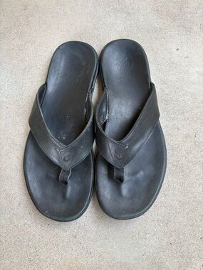 Olukai Nalukai Mens 12 Black Leather Flip Flop Thong Sandals Comfort Casual Shoe